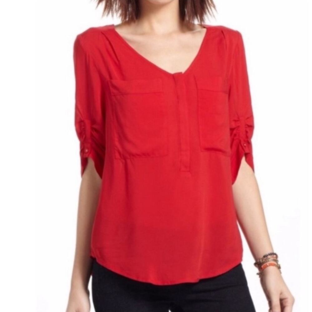 Anthropologie Maeve Front Pockets Red Blouse
